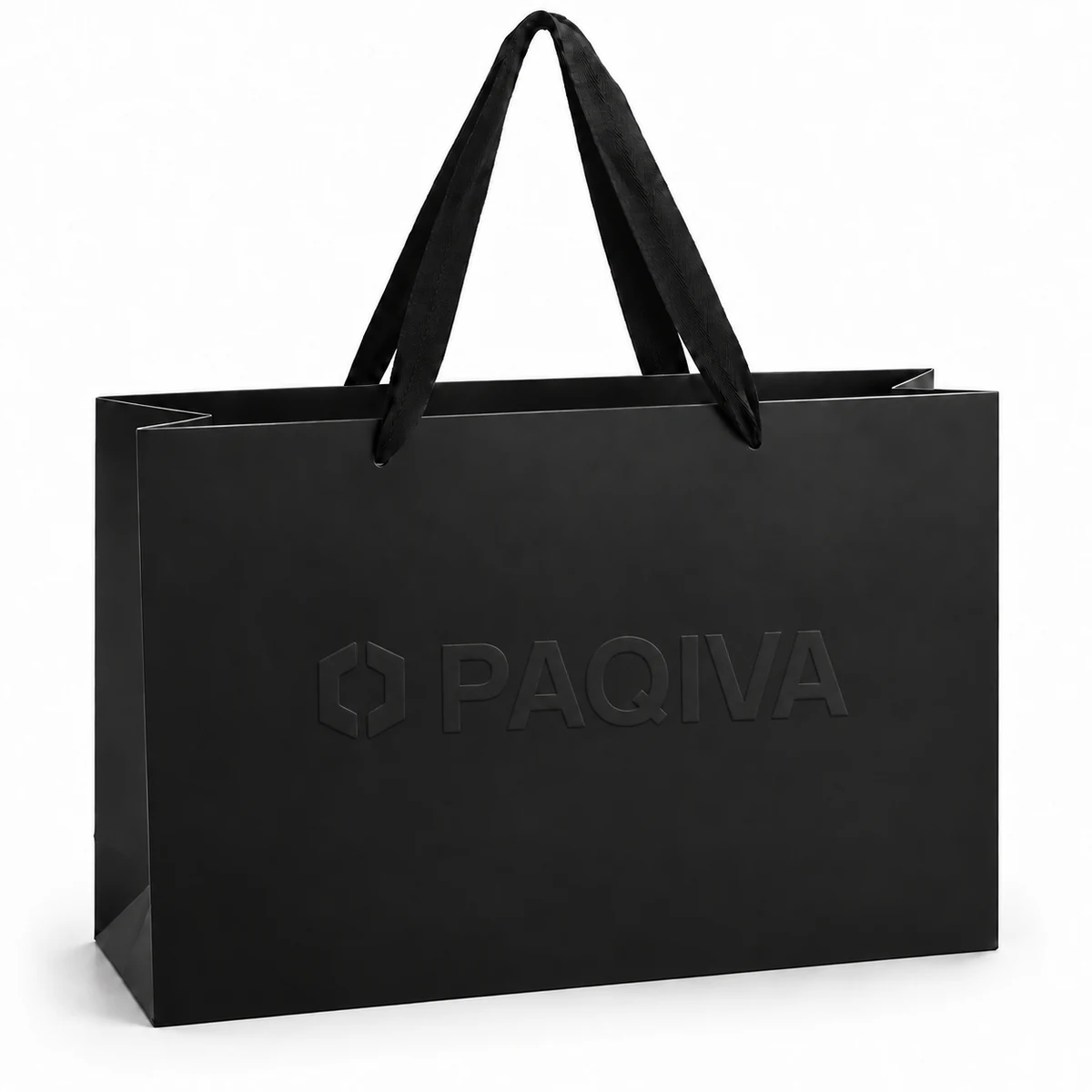 Black paper bag with a raised tonal PAQIVA logo.