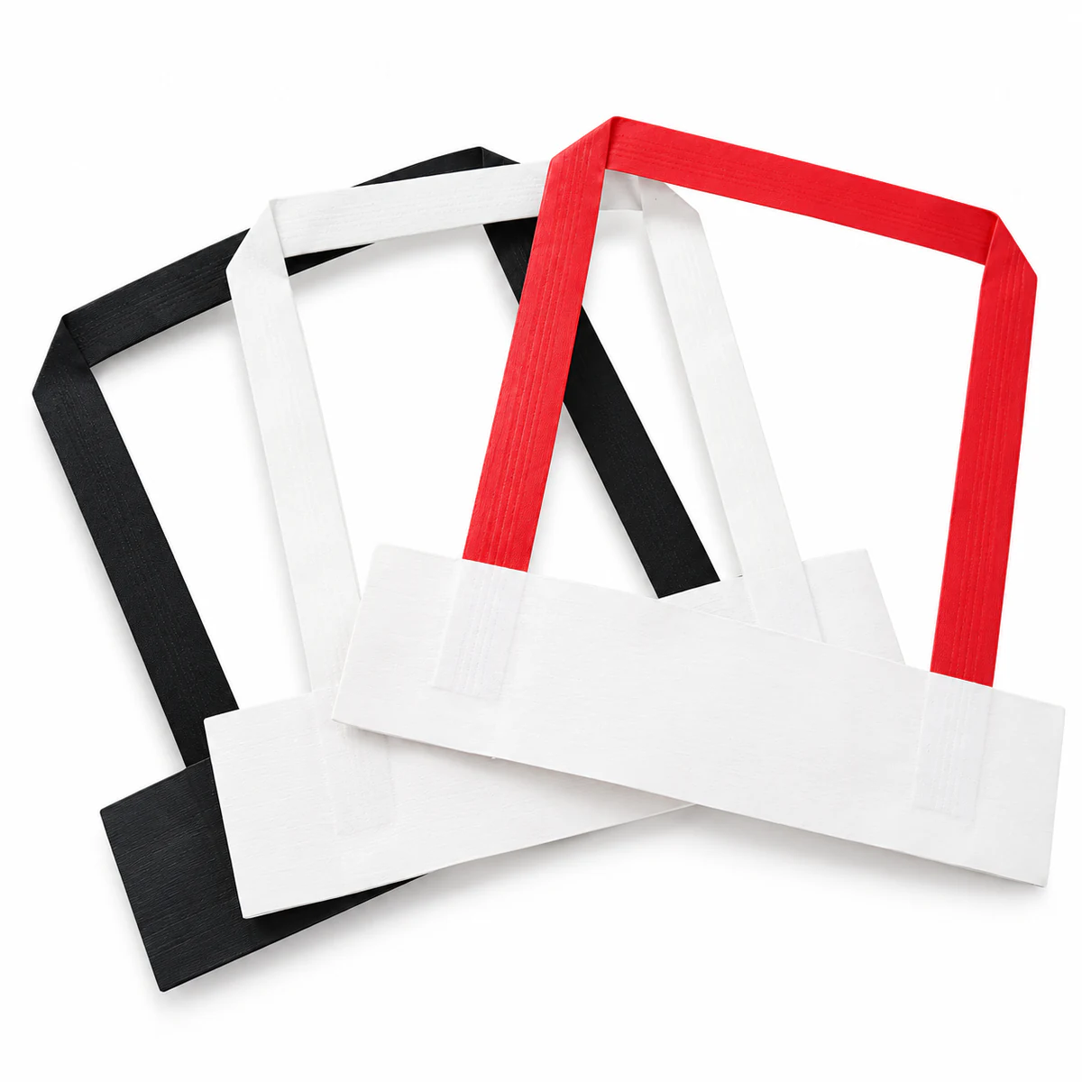 Flat Folded Handles Black, white and red folded flat handle loops with broad fixing patches.