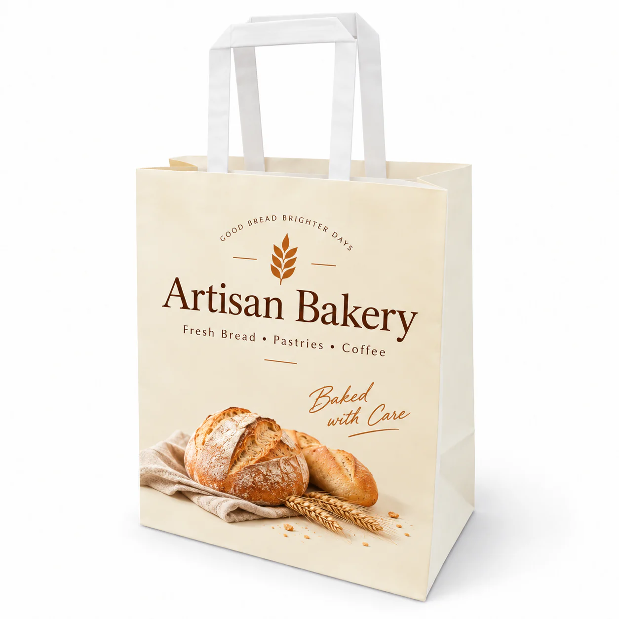 Cream bag with white flat paper handles, bakery lettering and printed bread imagery.