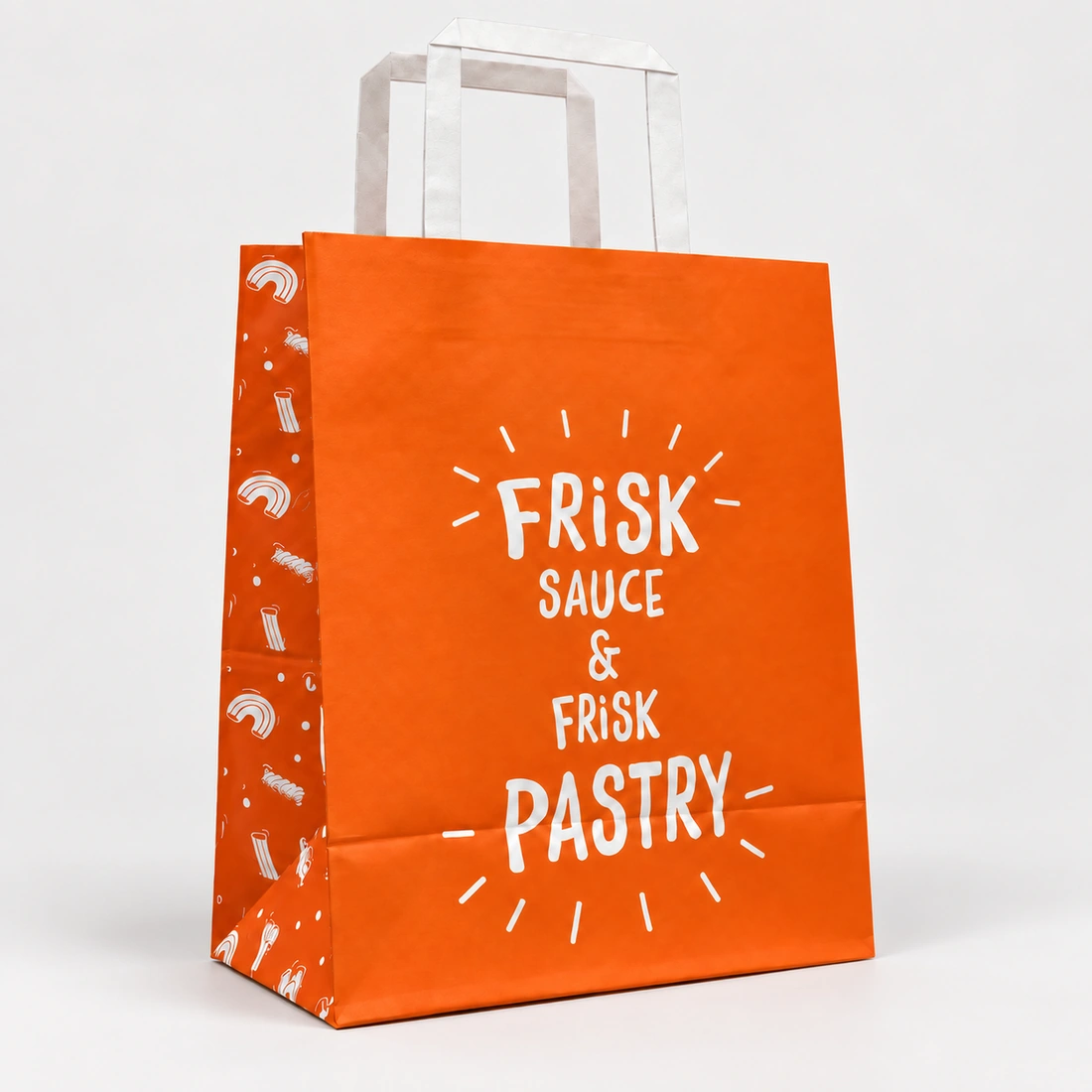 An orange paper bag with white flat paper handles, white front lettering and illustrations on its visible side gusset