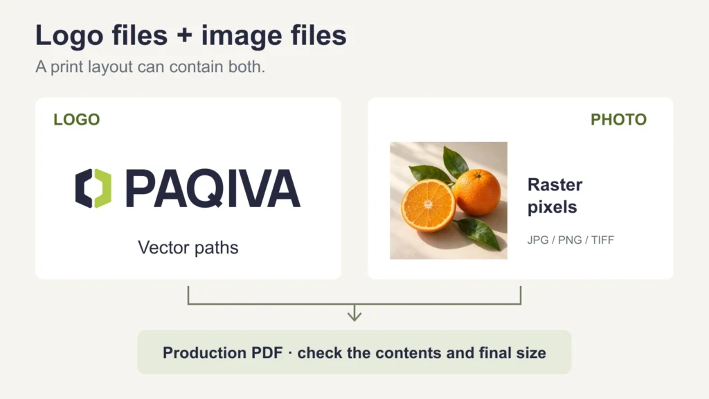 Diagram combining the PAQIVA vector logo and citrus raster artwork into a production PDF for checking at final size