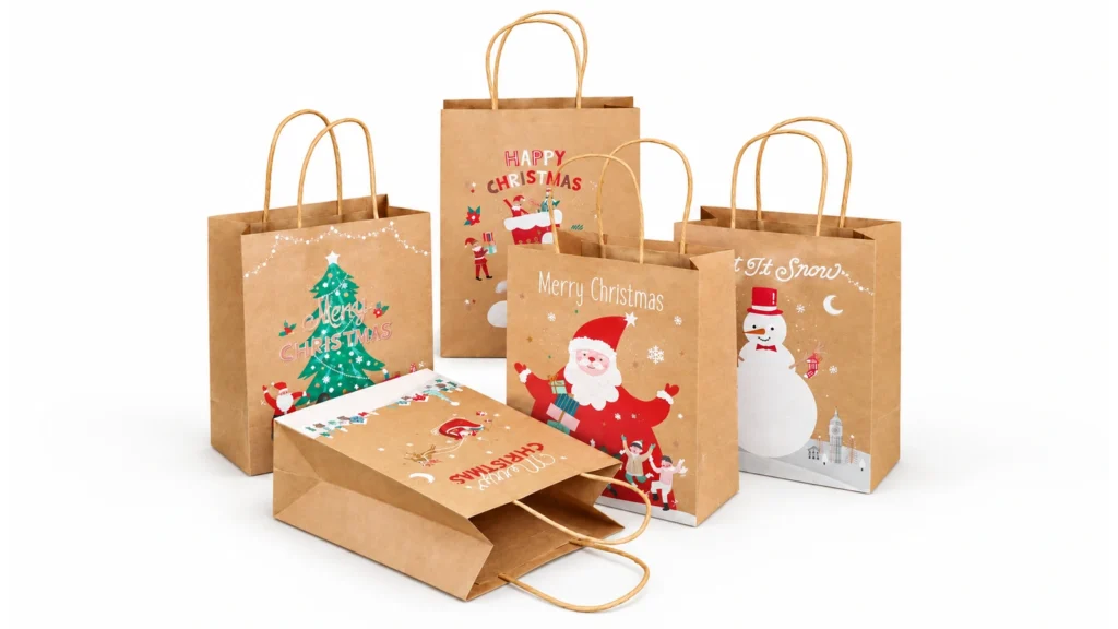 Five brown kraft gift bags with Christmas trees, Santa and snowman prints, four upright and one lying in front
