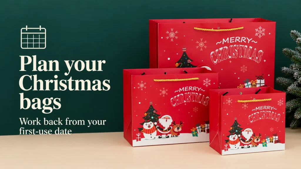 Three red Christmas paper bags beside a calendar icon and a reminder to plan backward from the first-use date