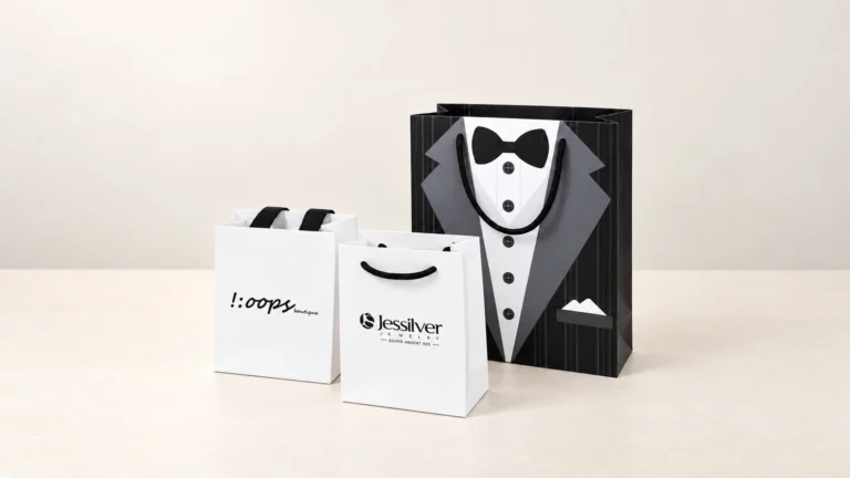 Two white printed shopping bags beside a tall black bag printed with a tuxedo design