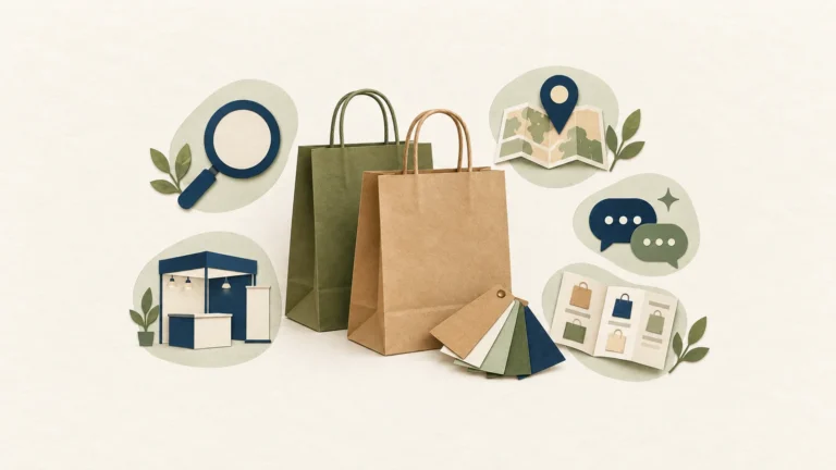 Paper collage of bag samples surrounded by search, map, trade show, supplier catalogue and AI chat symbols.