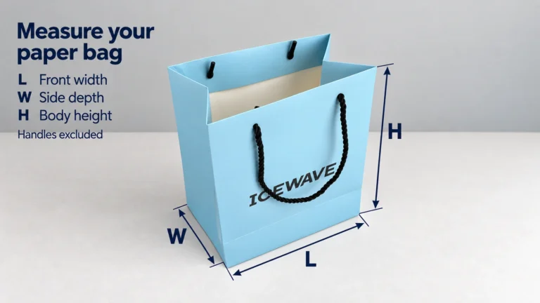 Blue paper bag annotated with L for front width, W for side depth and H for body height