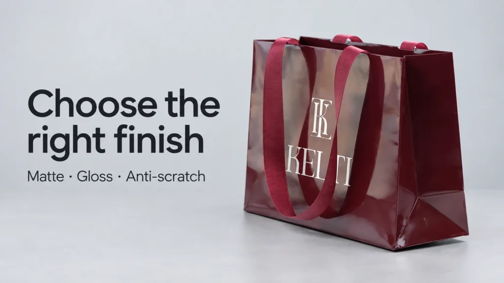 Burgundy paper shopping bag with a reflective surface beside the words Choose the right finish
