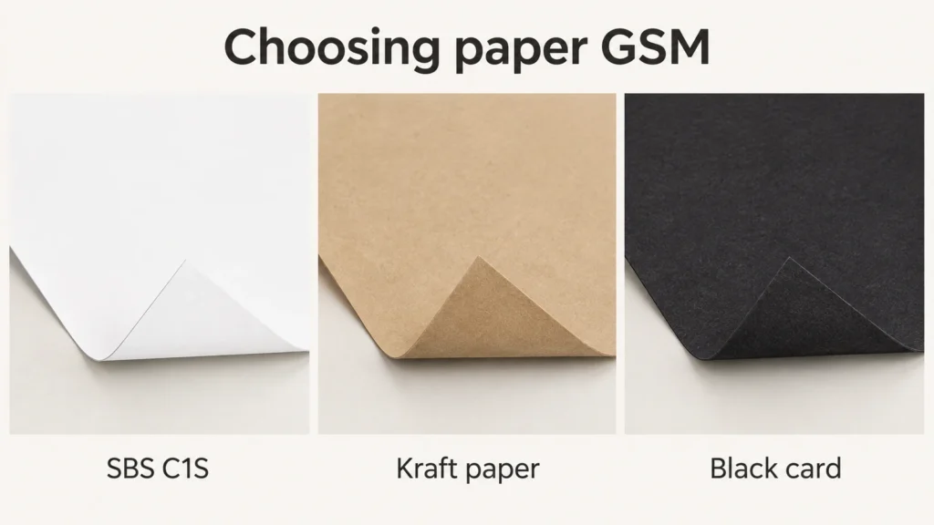 White SBS C1S, brown kraft and black card paper surfaces with turned-up corners beneath the heading Choosing paper GSM