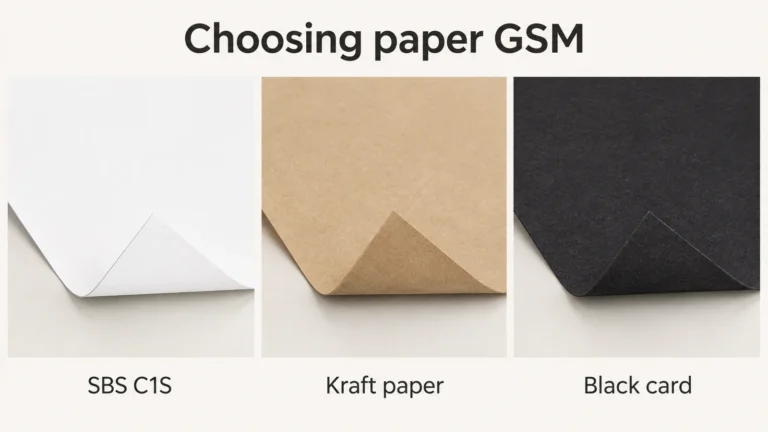 White SBS C1S, brown kraft and black card paper surfaces with turned-up corners beneath the heading Choosing paper GSM
