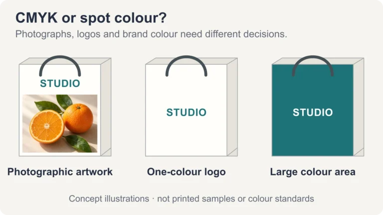 Three illustrated paper bags with citrus photographic artwork, a single-colour STUDIO logo and a broad teal colour panel