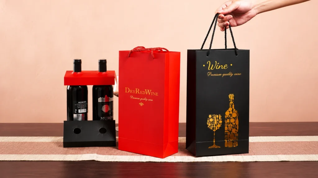 Red and black wine paper bags with gold-coloured graphics beside two bottles and card inserts.