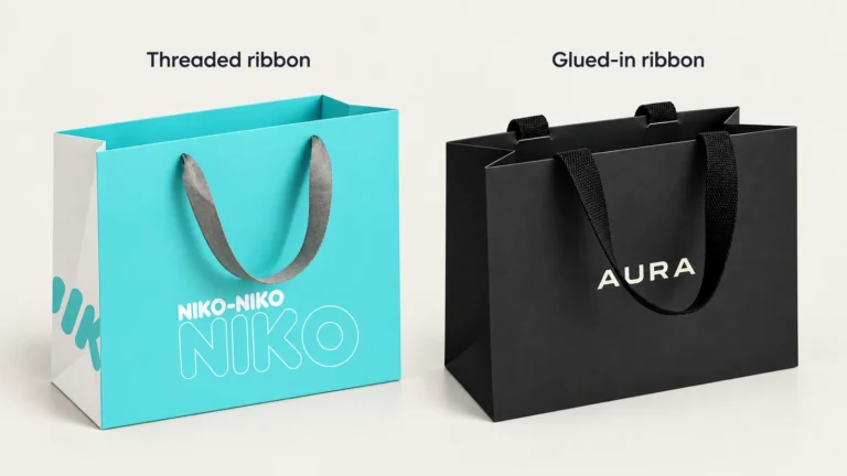 Turquoise NIKO paper bag with grey ribbon threaded through the front beside a black AURA bag with ribbon passing over the top