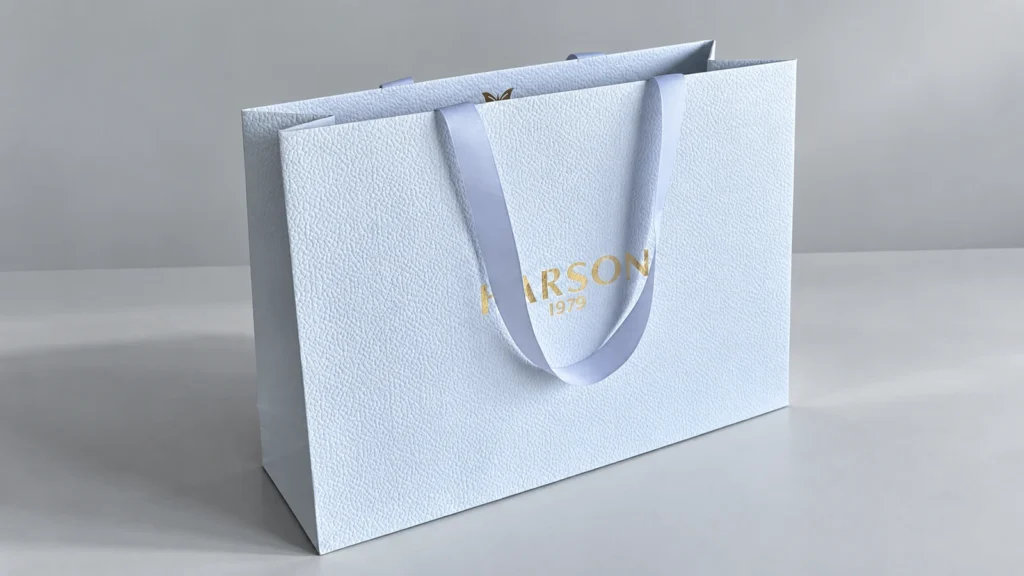 Pale blue textured paper bag with gold-coloured lettering, matching ribbon handles and a visible side gusset