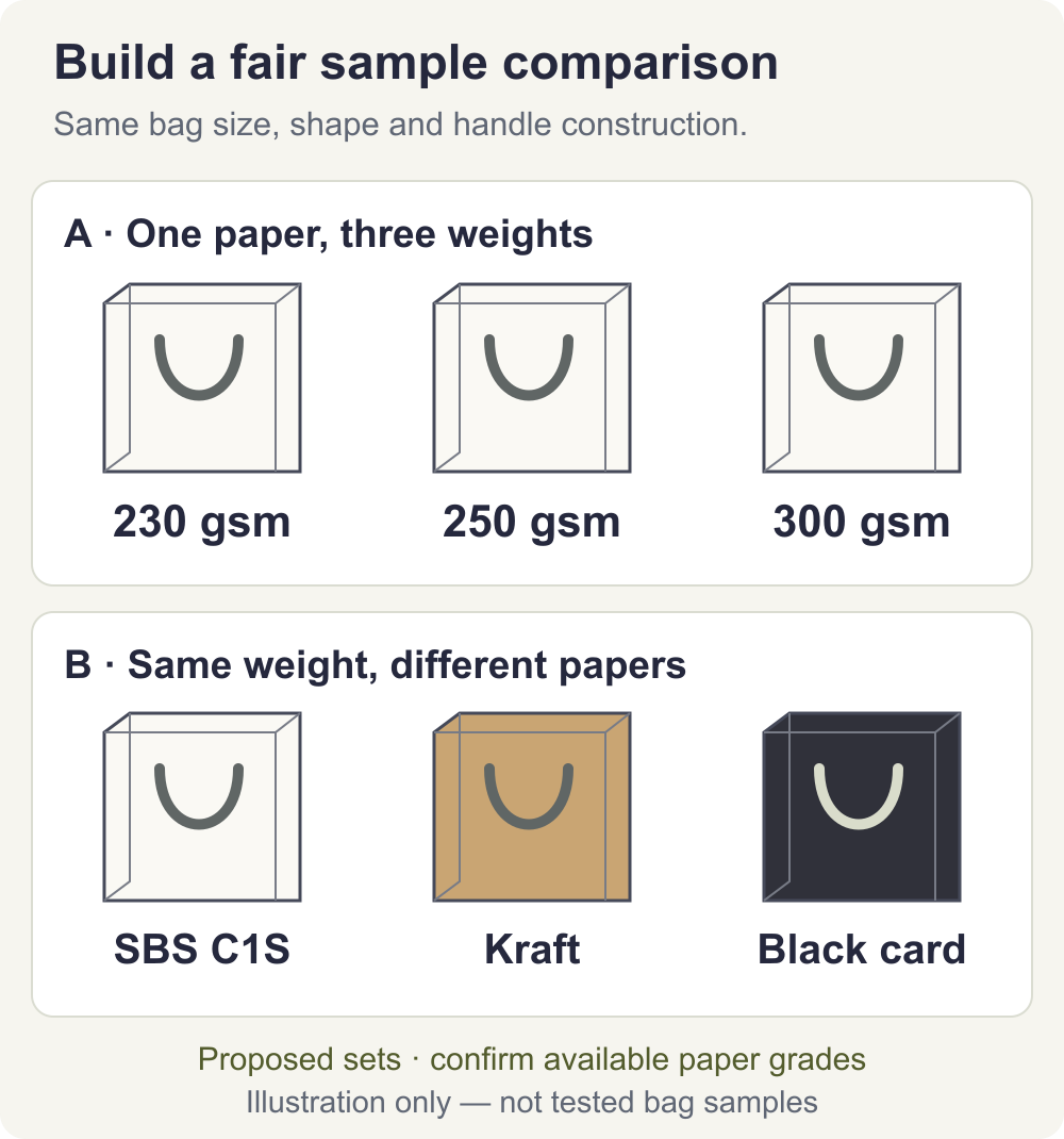 Illustrated sample plan showing the same bag shape at 230, 250 and 300 gsm, then the same weight across SBS C1S, kraft and black card