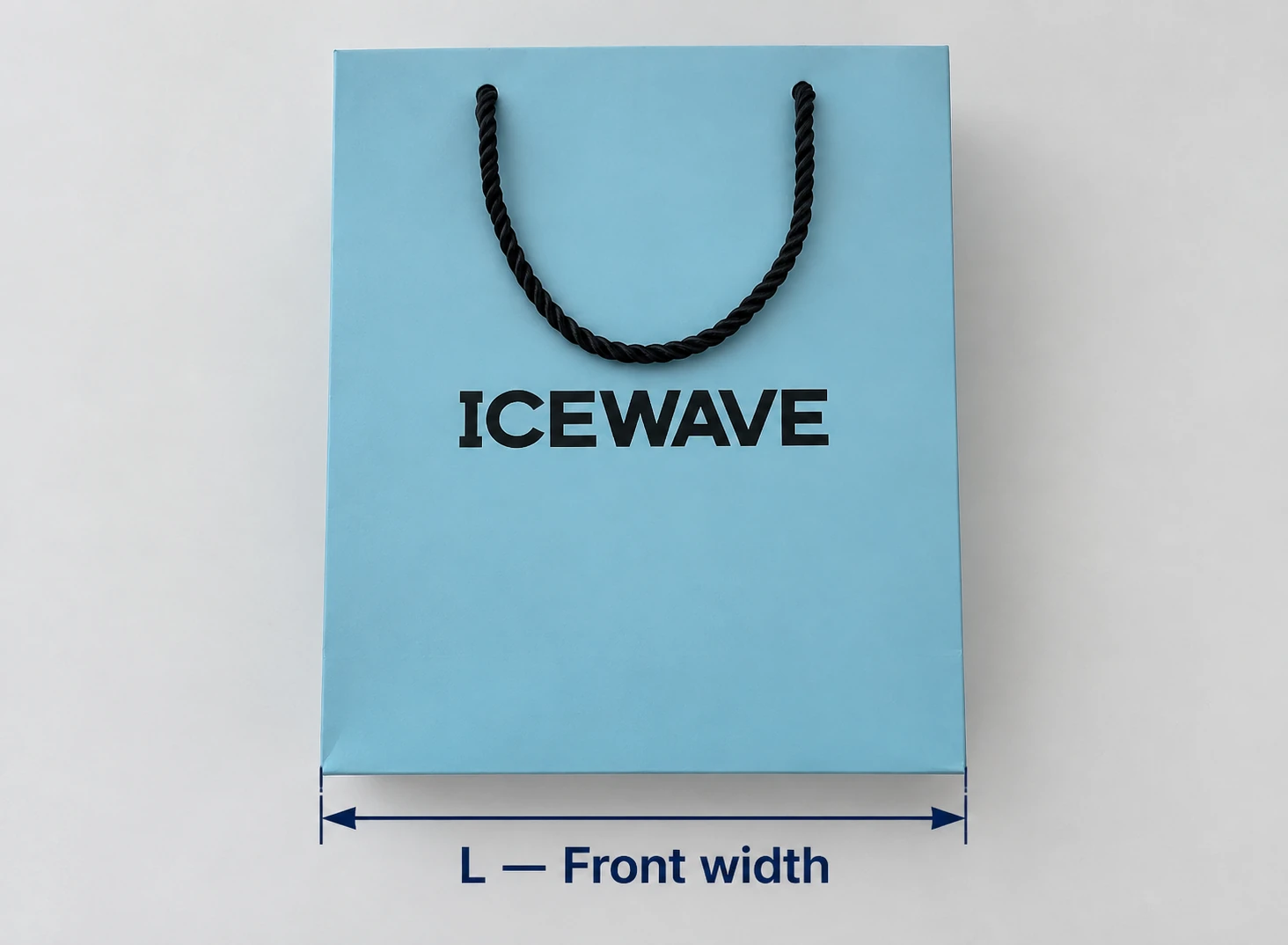 Blue paper bag with an arrow showing the front width from one side edge to the other