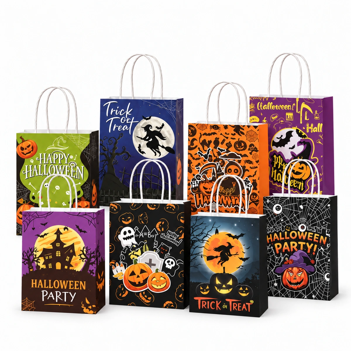 Eight Halloween paper gift bags with white loop handles and pumpkin, ghost, witch and spiderweb illustrations in orange, purple, green and black