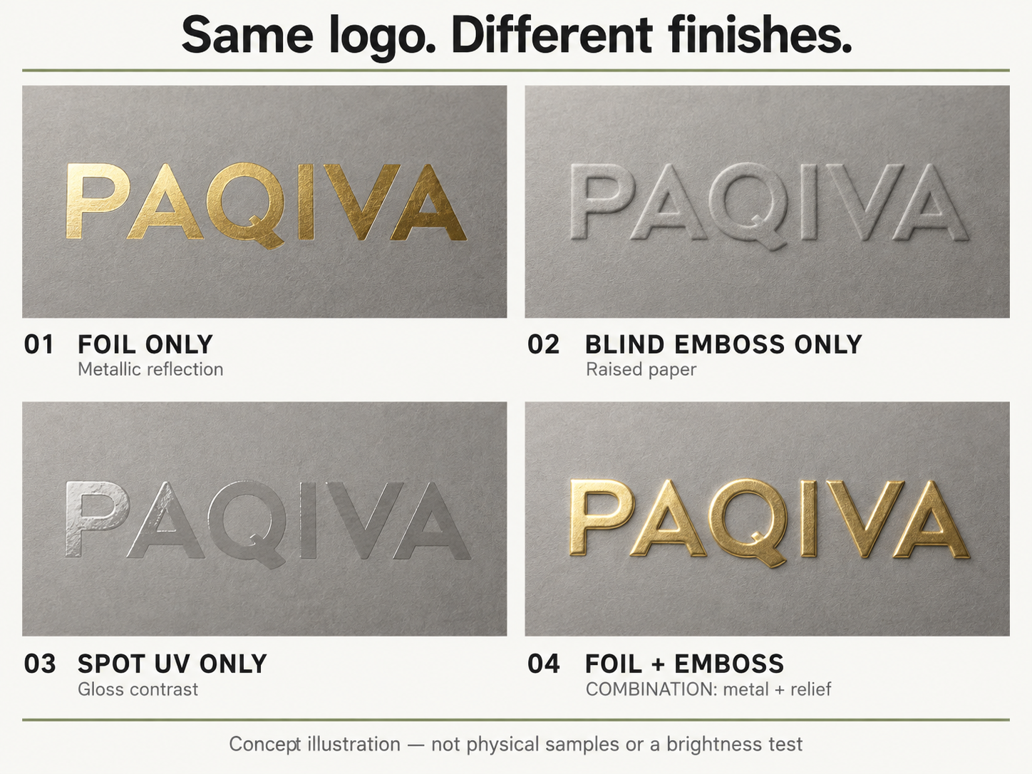 PAQIVA demonstration wordmark shown as flat gold foil, blind embossing, standard gloss spot UV and gold foil plus embossing
