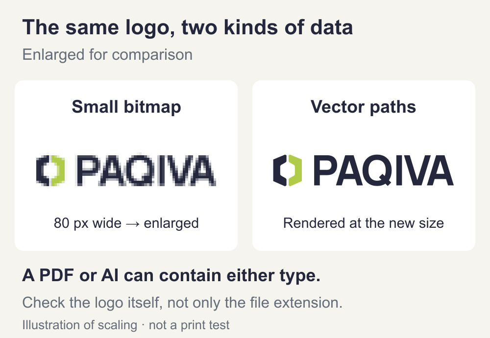 The same PAQIVA logo shown as an enlarged 80-pixel-wide bitmap and as vector paths rendered at the larger size