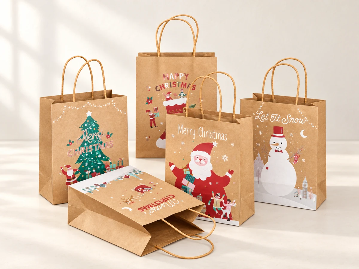 Christmas paper bags in several designs, including a bag laid flat on the tabletop