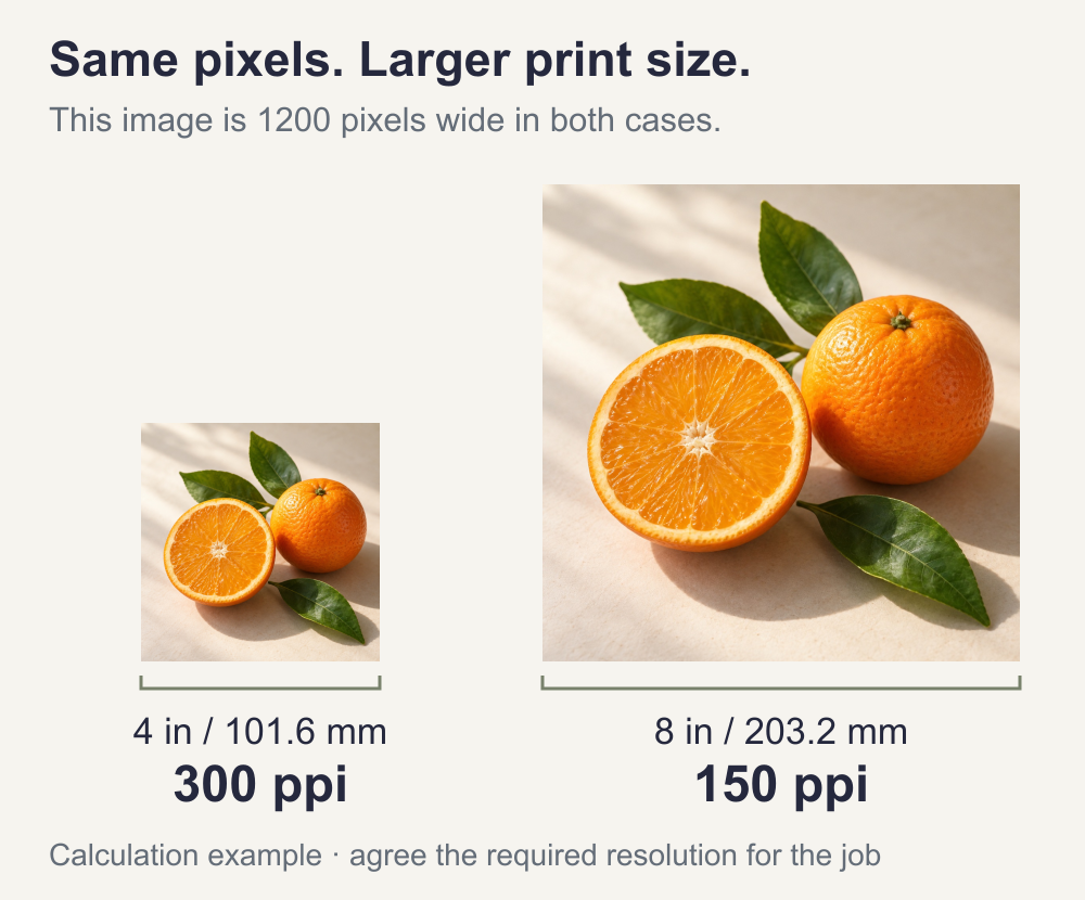 A 1200-pixel-wide citrus image placed at 4 inches or 101.6 millimetres gives 300 ppi, while 8 inches or 203.2 millimetres gives 150 ppi