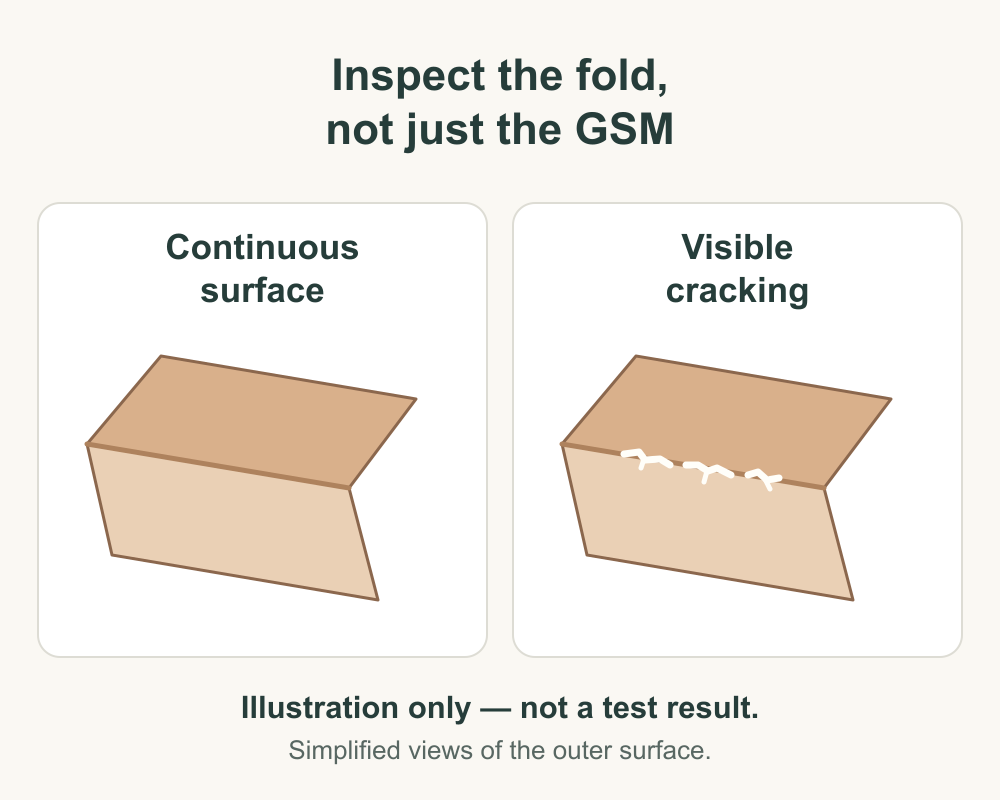 Illustration comparing a continuous paper fold surface with visible surface cracking at a fold