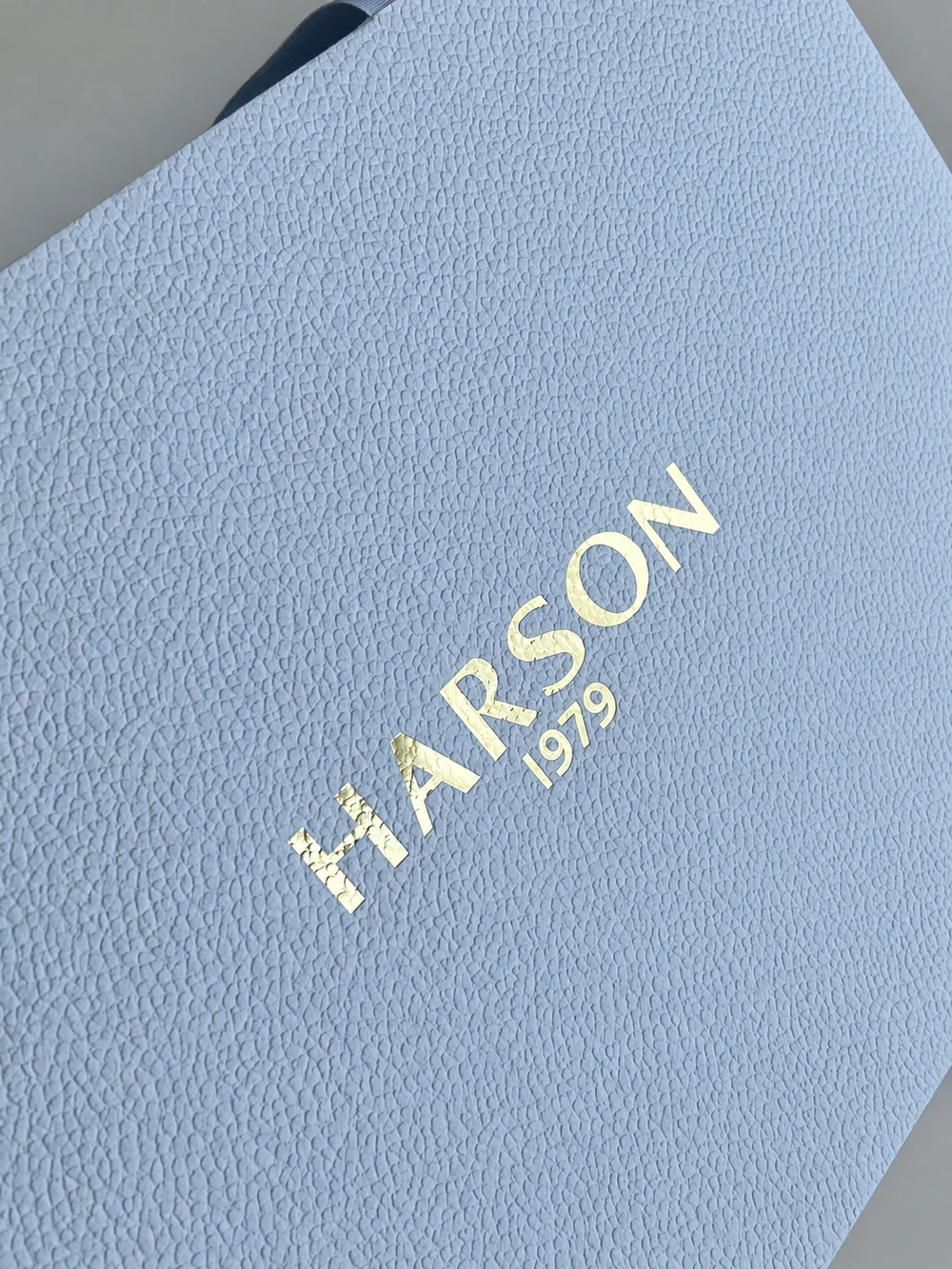 Angled close-up of pale blue paper with an irregular pebbled texture and HARSON 1979 gold-coloured lettering