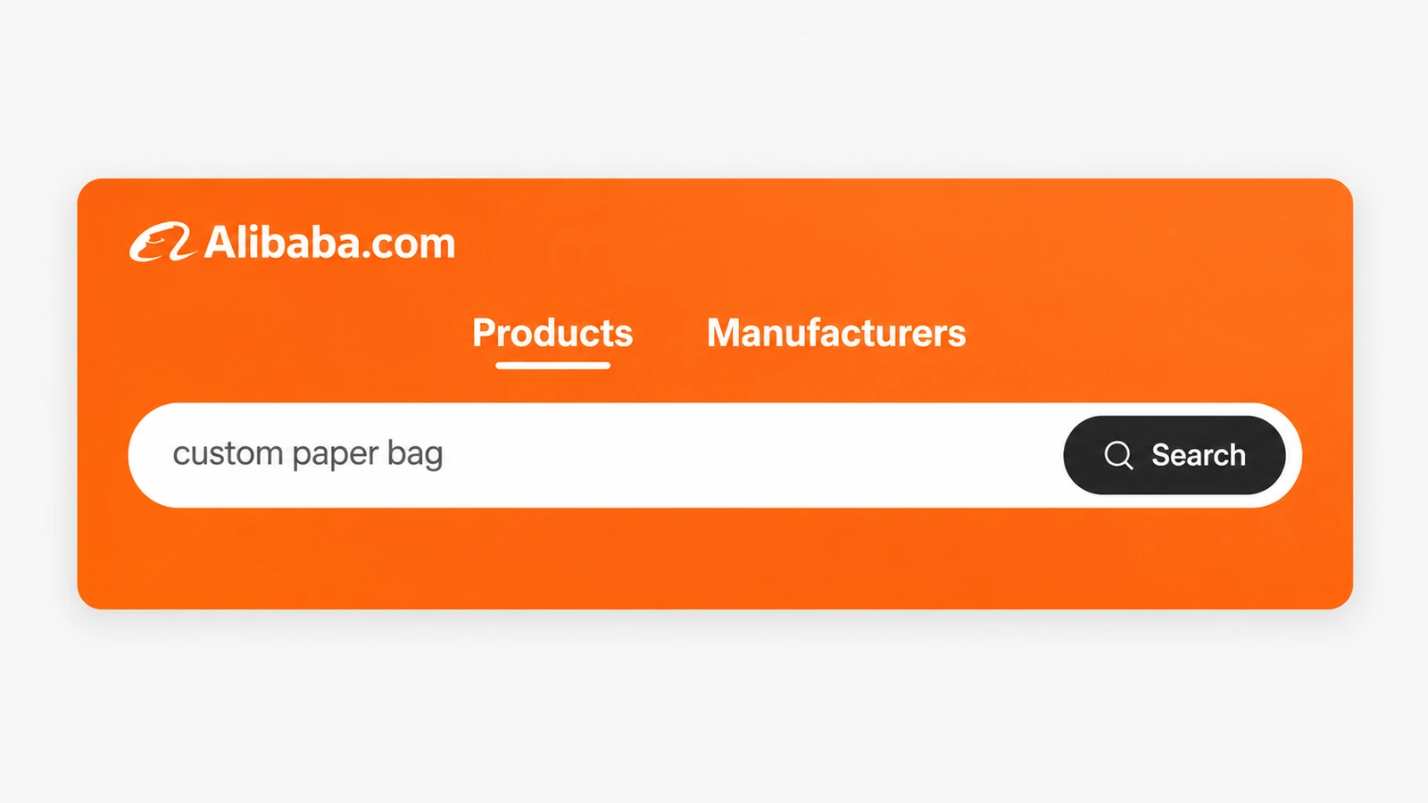 Edited Alibaba.com search panel with Products and Manufacturers tabs and the query custom paper bag.