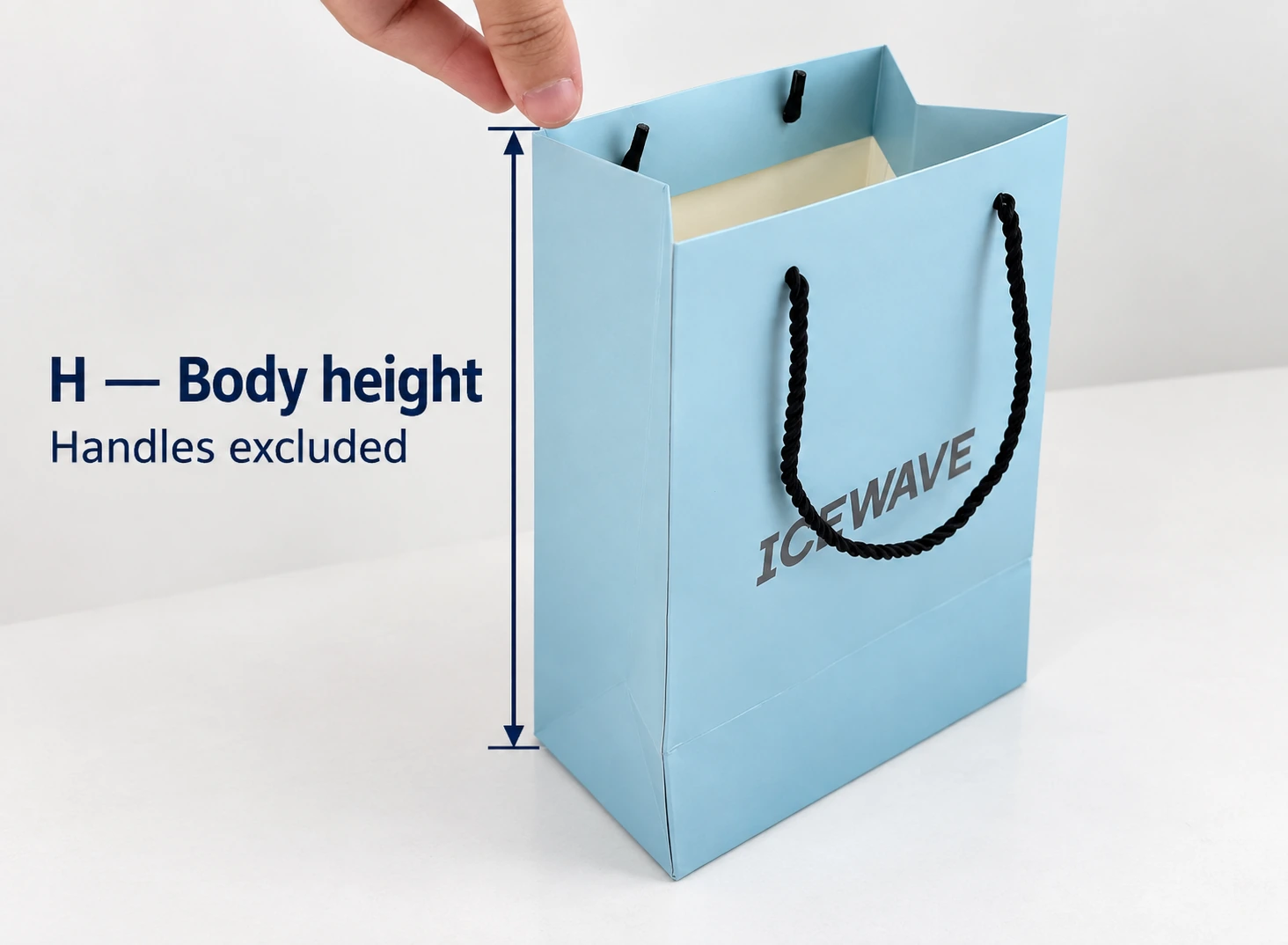 Blue paper bag with an arrow from the actual base to the top edge showing body height without the handles