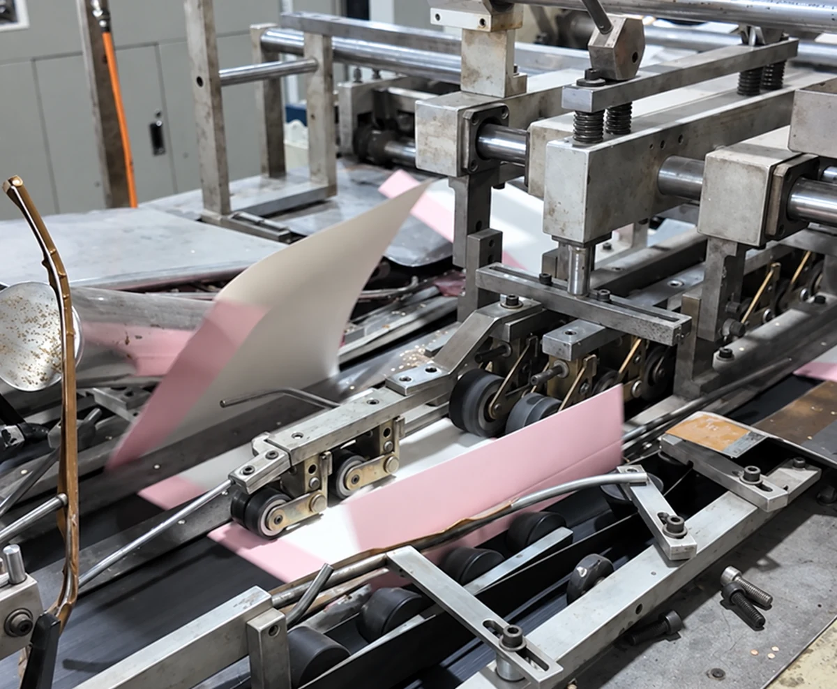 Paper bag material being formed between guides and rollers on production equipment