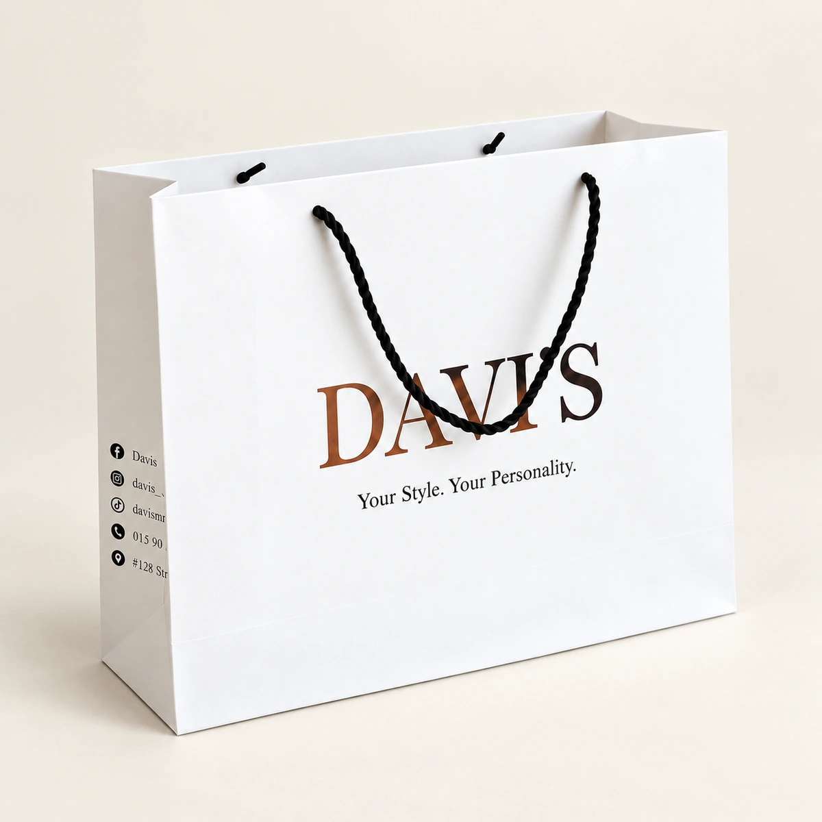 White paper bag with black rope handles and printed lettering on the front