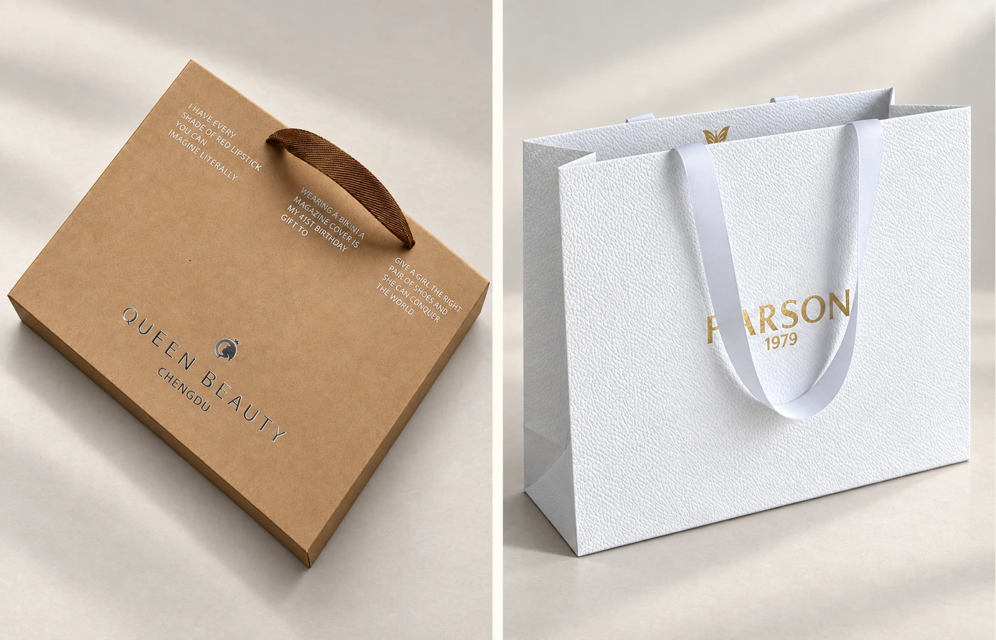 Brown kraft-look paper bag with a ribbon handle and a white textured paper bag with white ribbon handles