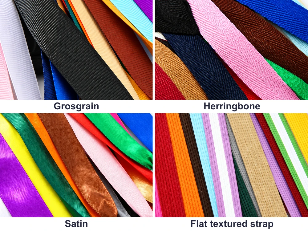 Four texture close-ups comparing grosgrain ribbon, herringbone ribbon, satin ribbon and a flat textured strap, with no end fittings shown