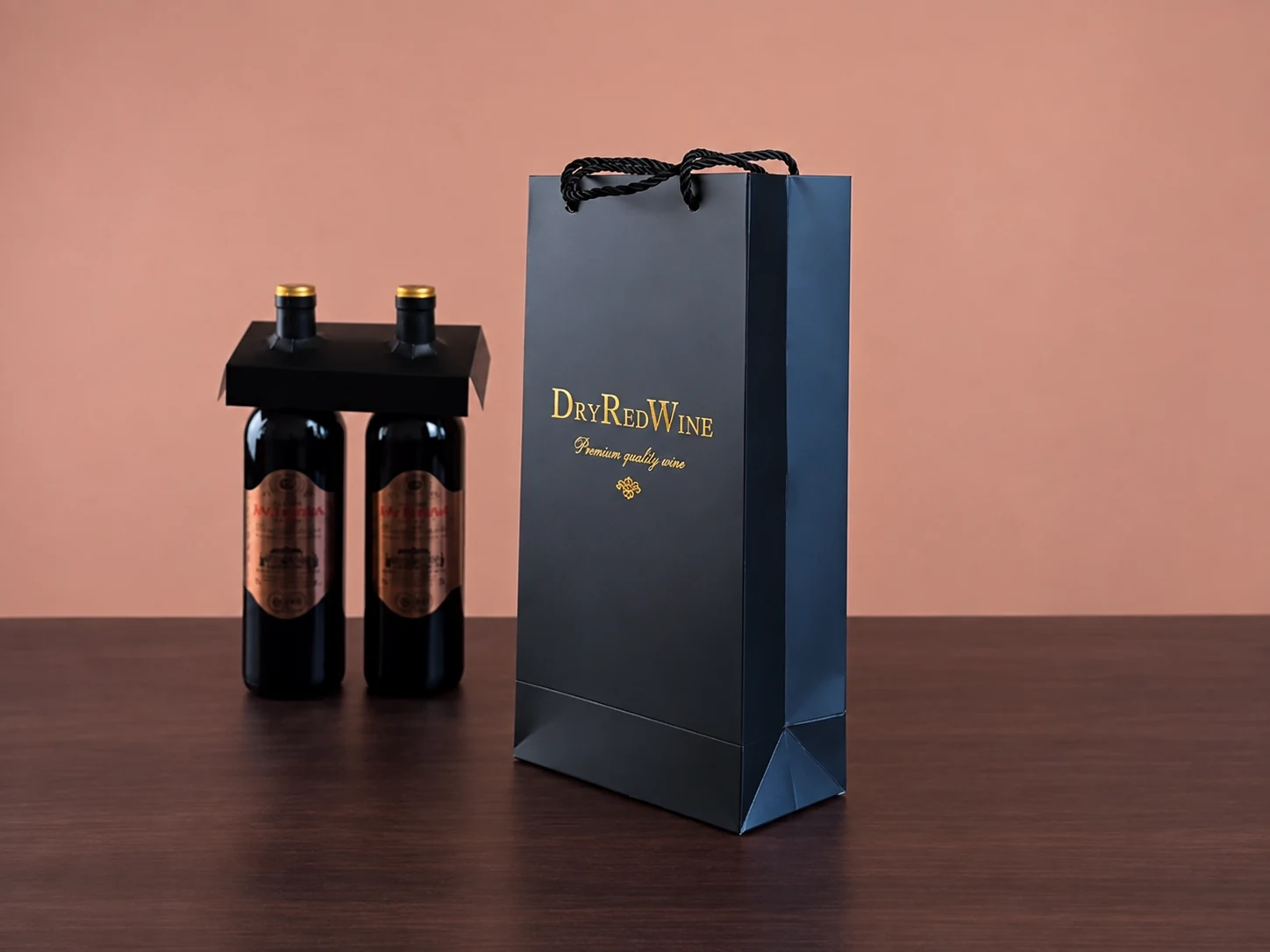 A navy wine paper bag beside two bottles fitted with a black card neck insert.