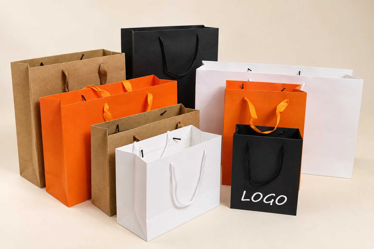 Eight black, white, orange and kraft-look paper bags in different sizes, with ribbon and cord handles.