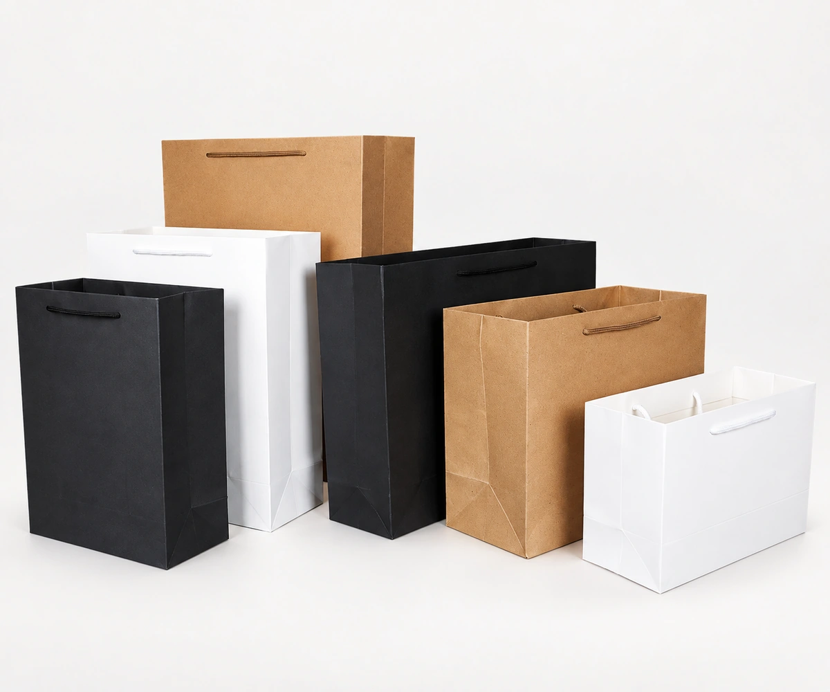 Six plain paper bags in black, white and brown, with rope handles and different proportions
