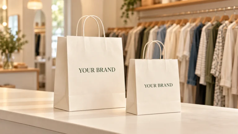 Concept illustration of two ivory paper shopping bags printed with YOUR BRAND on a boutique counter