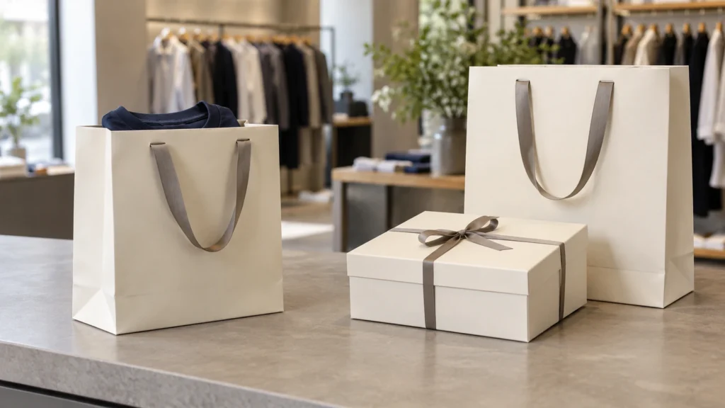 Cream paper shopping bags and a matching gift box on a clothing-store counter.