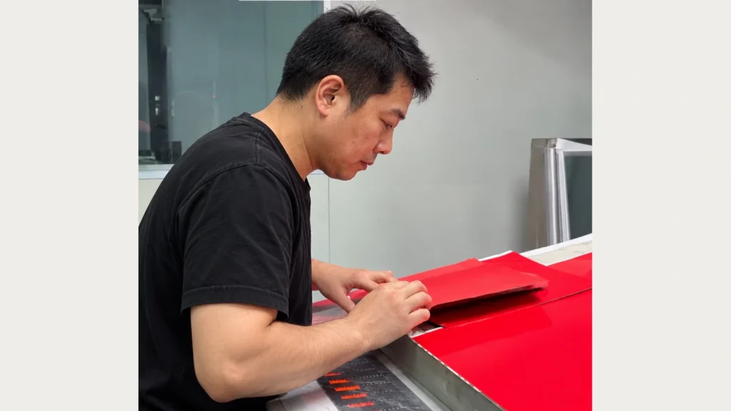 A man folding red paper material at a worktable while preparing a paper bag sample