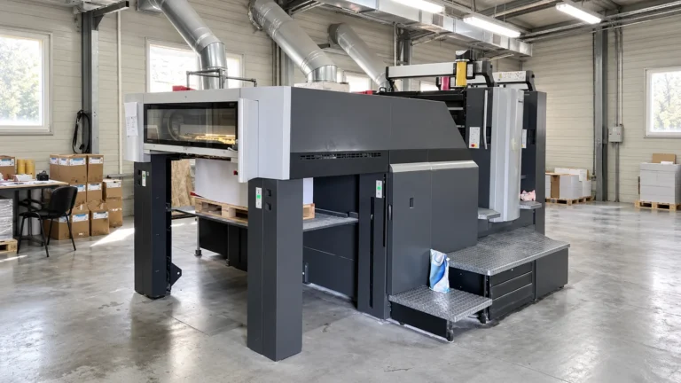 Grey offset printing equipment with a paper stack, operator steps and overhead ventilation in a workshop.