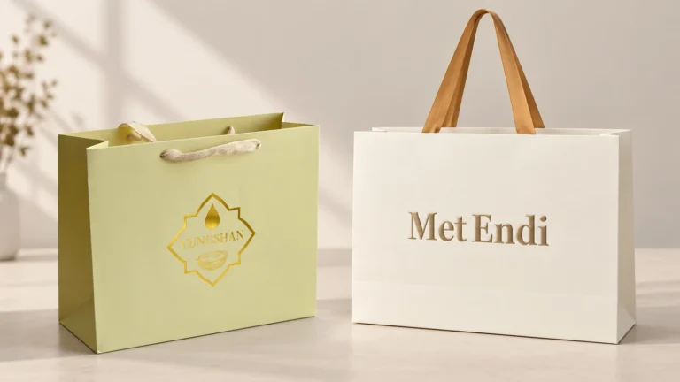 Yellow-green bag with a flat gold foil emblem beside a cream bag with raised gold Met Endi lettering