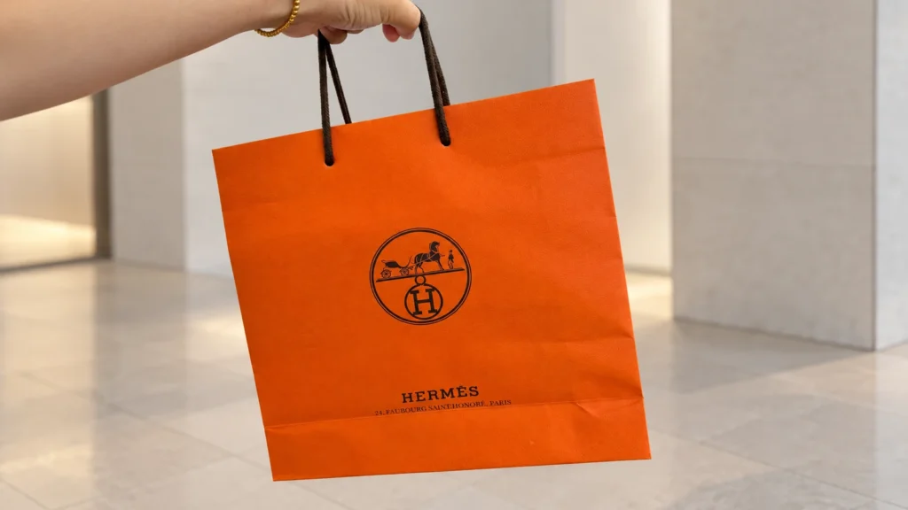A hand holding a wide orange Hermès paper bag with dark cord handles and a central emblem