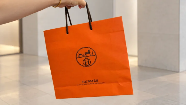 A hand holding a wide orange Hermès paper bag with dark cord handles and a central emblem