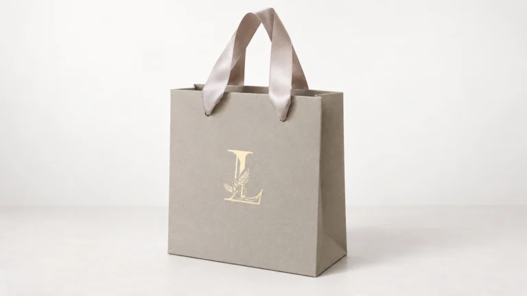 Taupe textured paper bag with broad ribbon handles and a gold-colored decorative monogram