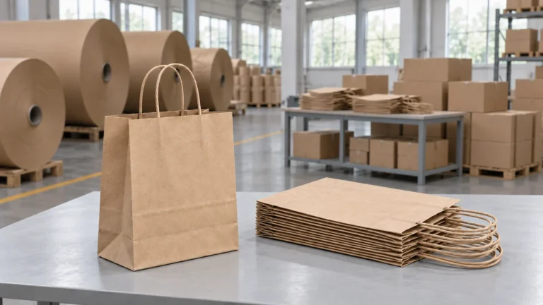 Illustration of kraft paper rolls, an upright shopping bag and a flat stack of finished bags in a packing area