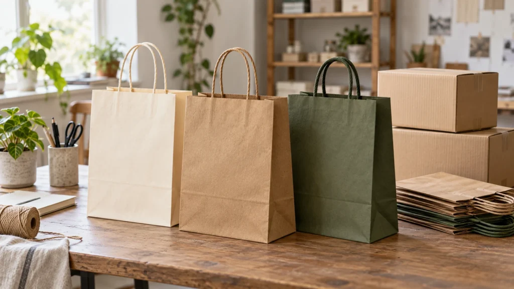 Cream, kraft and olive paper bags beside shipping cartons and folded bags on a packing table.