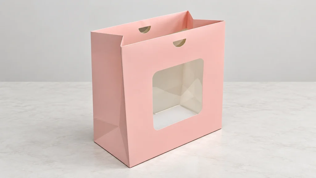 Pink paper bag with a large front window showing a white inner base, side folds and two small semicircular openings near the top.