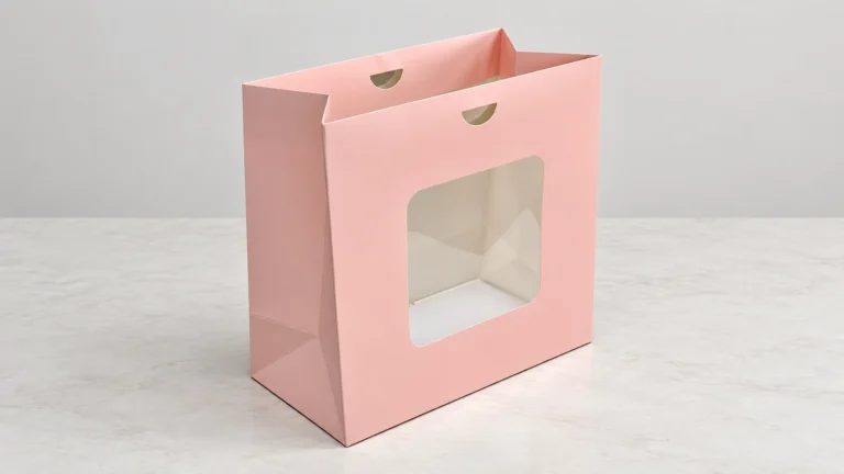Pink paper bag with a large front window showing a white inner base, side folds and two small semicircular openings near the top.