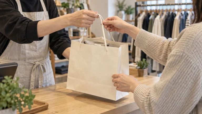 Shop assistant handing a plain paper shopping bag to a customer at a clothing counter