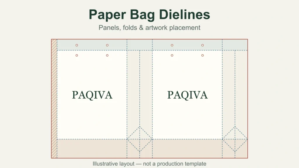 Illustrative flat paper bag layout with front and back PAQIVA artwork, side panels, folds and handle holes