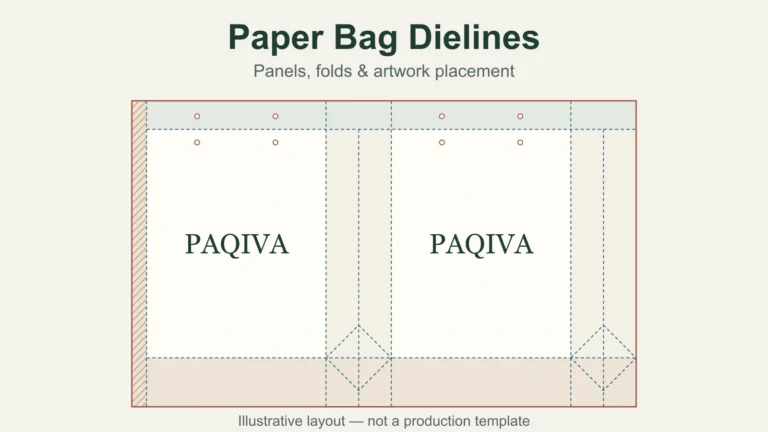 Illustrative flat paper bag layout with front and back PAQIVA artwork, side panels, folds and handle holes